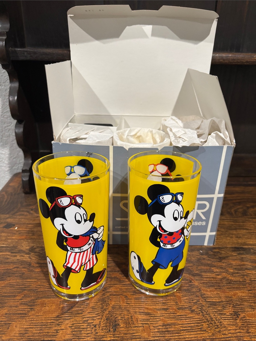 Vintage Micky Mouse Yellow Cartoon Glasses - Set of 6